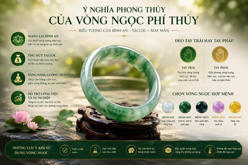 Ý nghĩa phong thủy của vòng ngọc phỉ thủy tự nhiên, biểu tượng bình an, tài lộc, may mắn và năng lượng tích cực. Hướng dẫn chọn vòng ngọc hợp mệnh và cách đeo vòng ngọc đúng phong thủy.