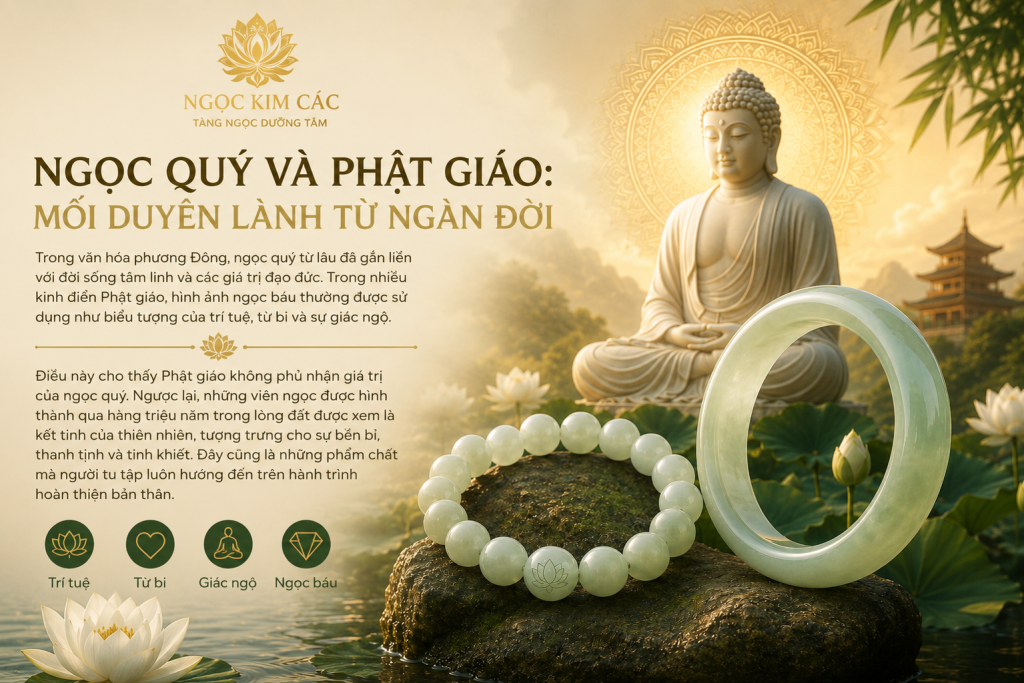 Ngọc quý và Phật giáo - vòng ngọc phỉ thúy tự nhiên biểu tượng của trí tuệ, từ bi và sự giác ngộ trong văn hóa Phật giáo tại Ngọc Kim Các.