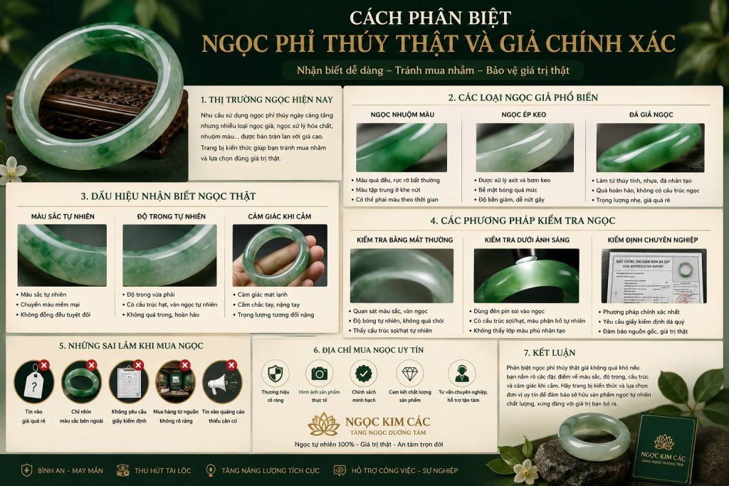 Phân biệt ngọc phỉ thúy thật giả bằng cách kiểm tra màu sắc độ trong cấu trúc ngọc tự nhiên và nhận biết ngọc nhuộm màu ngọc ép keo.